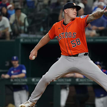 May 15, 2025; Arlington, Texas, USA; Houston Astros pitcher Hunter Brown (58) throws to the plate during the first inning against the Texas Rangers at Globe Life Field.