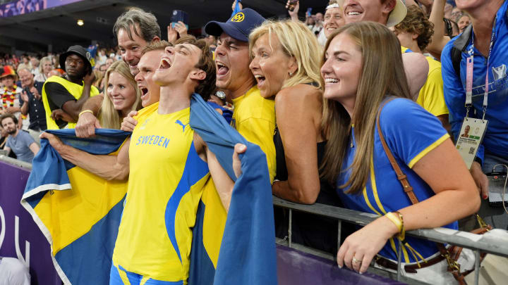 Aug 5, 2024: Armand Duplantis celebrates after clearing a world record 6.25 meter during the men's pole vault final during the Paris 2024 Olympic Summer Games at Stade de France.