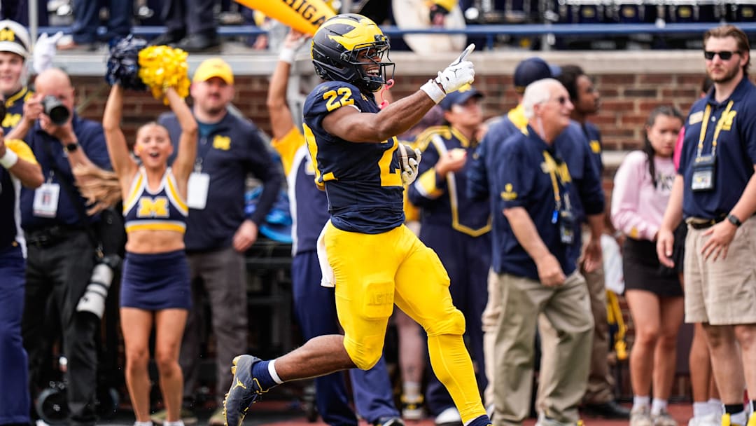 Michigan running back Justice Haynes (22) runs for a touchdown against Central Michigan during the second half at Michigan Stadium in Ann Arbor on Saturday, Sept. 13, 2025.