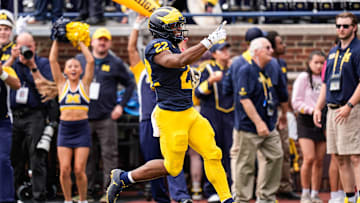 Michigan running back Justice Haynes (22) runs for a touchdown against Central Michigan during the second half at Michigan Stadium in Ann Arbor on Saturday, Sept. 13, 2025.