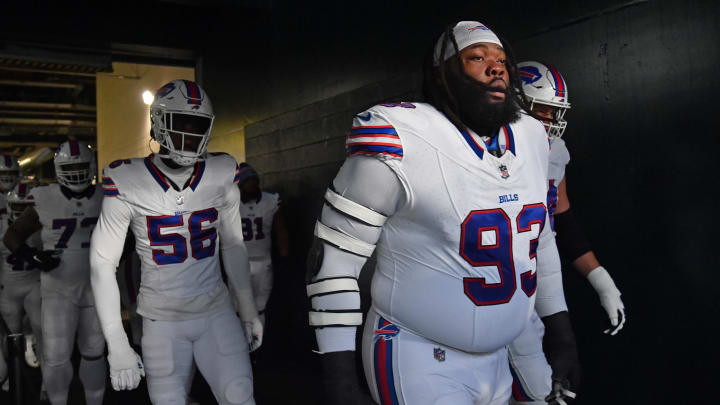 Nov 26, 2023; Philadelphia, Pennsylvania, USA;  Buffalo Bills defensive tackle Linval Joseph (93) and defensive end Leonard Floyd (56) in the tunnel against the Philadelphia Eagles at Lincoln Financial Field. 