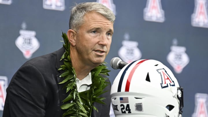 Jul 10, 2024; Las Vegas, NV, USA; Arizona Wildcats head coach Brent Brennan speaks to the media during the Big 12 Media Days at Allegiant Stadium.