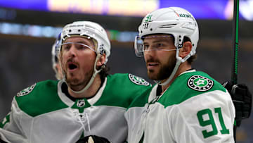 Oct 22, 2024; Buffalo, New York, USA;  Dallas Stars center Tyler Seguin (91) celebrates his goal during the third period against the Buffalo Sabres at KeyBank Center. Mandatory Credit: Timothy T. Ludwig-Imagn Images