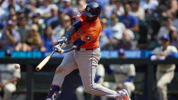 Jul 21, 2024; Seattle, Washington, USA; Houston Astros designated hitter Yordan Alvarez (44) hits a double against the Seattle Mariners during the eighth inning at T-Mobile Park. 