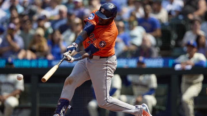 Jul 21, 2024; Seattle, Washington, USA; Houston Astros designated hitter Yordan Alvarez (44) hits a double against the Seattle Mariners during the eighth inning at T-Mobile Park. 