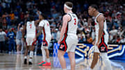 Mississippi Rebels guard Sean Pedulla (3) celebrates his game-winning shot against Arkansas with Mississippi Rebels guard Matthew Murrell (11) during their second round game of the SEC Men's Basketball Tournament at Bridgestone Arena in Nashville, Tenn., Thursday, March 13, 2025. The Rebels advanced to the third round with the 83-80 win.