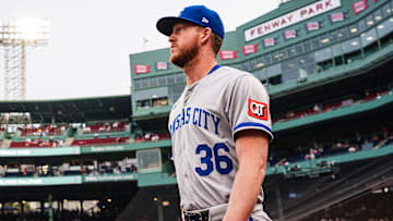 Aug 4, 2025; Boston, Massachusetts, USA; Kansas City Royals pitcher Bailey Falter (36) make his way to the bullpen before the start of the game against the Boston Red Sox at Fenway Park. Mandatory Credit: David Butler II-Imagn Images