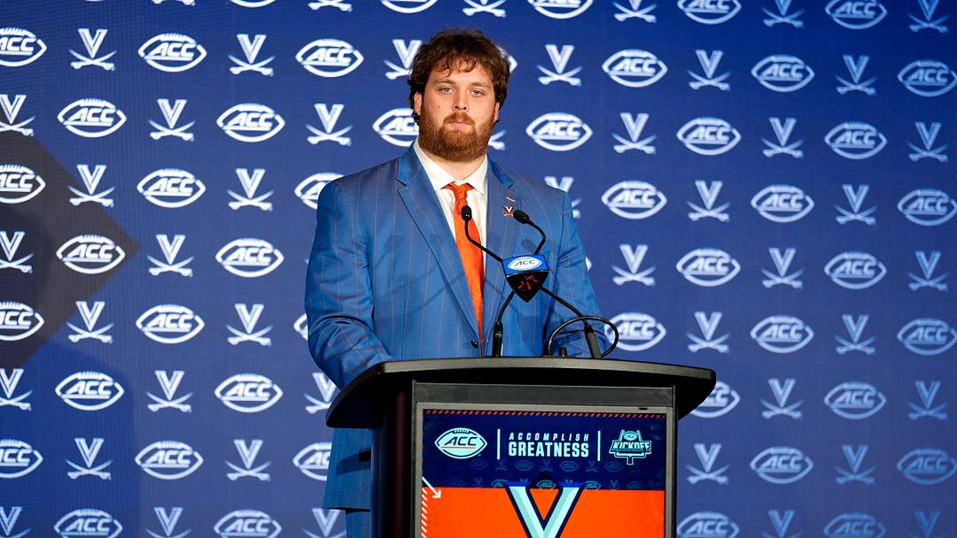 Jul 22, 2025; Charlotte, NC, USA; Virginia offensive lineman Noah Josey answers questions from the media during ACC Media Days at Hilton Charlotte Uptown. Mandatory Credit: Jim Dedmon-Imagn Images Jul 22, 2025; Charlotte, NC, USA; Virginia offensive lineman Noah Josey answers questions from the media during ACC Media Days at Hilton Charlotte Uptown. Mandatory Credit: Jim Dedmon-Imagn Images