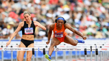 Jun 29, 2024; Eugene, OR, USA; Grace Stark runs 12.45 in the women’s 100 meter hurdle semifinal to advance to the finals during the US Olympic Track and Field Team Trials. Mandatory Credit: Craig Strobeck-USA TODAY Sports