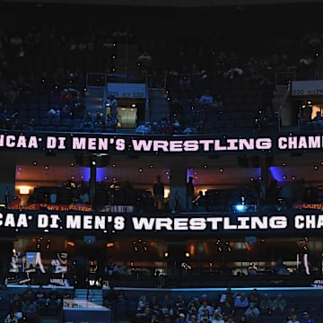 Mar 22, 2025; Philadelphia, PA, USA; A general view of signage during the Division I Men's Wrestling Championship held at Wells Fargo Center. Mandatory Credit: Eric Hartline-Imagn Images