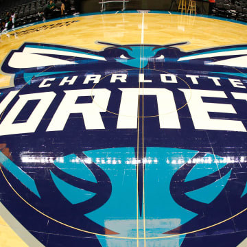 Oct 11, 2017; Charlotte, NC, USA; A view of the Charlotte Hornets logo at half court prior to the game against the Boston Celtics at Spectrum Center. Mandatory Credit: Jeremy Brevard-USA TODAY Sports