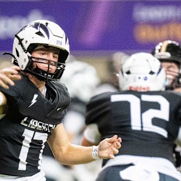 Liberty's Reece Rettig (17) throws to a receiver on Friday, Nov. 15, 2024, at the UNI-Dome in Cedar Falls, IA.