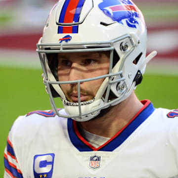 Nov 15, 2020; Glendale, Arizona, USA; Buffalo Bills quarterback Josh Allen (17) warms up prior to facing the Arizona Cardinals at State Farm Stadium. Mandatory Credit: Joe Camporeale-Imagn Images