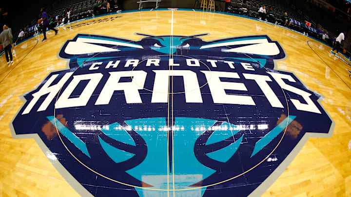 Oct 11, 2017; Charlotte, NC, USA; A view of the Charlotte Hornets logo at half court prior to the game against the Boston Celtics at Spectrum Center. Mandatory Credit: Jeremy Brevard-Imagn Images