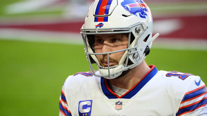 Nov 15, 2020; Glendale, Arizona, USA; Buffalo Bills quarterback Josh Allen (17) warms up prior to facing the Arizona Cardinals at State Farm Stadium. Mandatory Credit: Joe Camporeale-Imagn Images