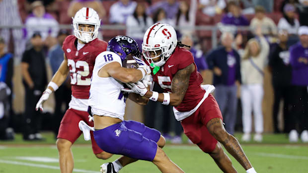 TCU Horned Frogs wide receiver Jack Bech (18) catches a pass against Stanford Cardinal safety Jay Green