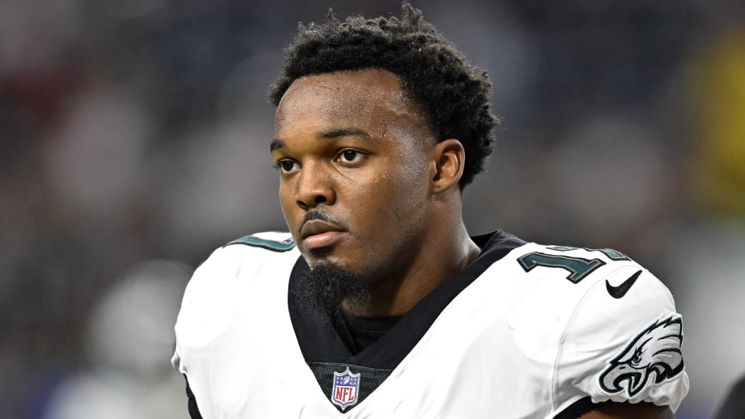 Nov 3, 2022; Houston, Texas, USA;  Philadelphia Eagles linebacker Nakobe Dean (17) looks on the field prior to the game against the Houston Texans at NRG Stadium. Mandatory Credit: Maria Lysaker-USA TODAY Sports