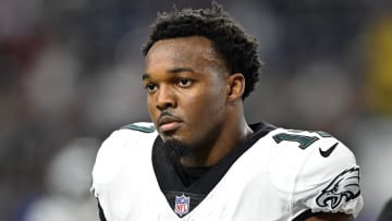 Nov 3, 2022; Houston, Texas, USA;  Philadelphia Eagles linebacker Nakobe Dean (17) looks on the field prior to the game against the Houston Texans at NRG Stadium. Mandatory Credit: Maria Lysaker-USA TODAY Sports