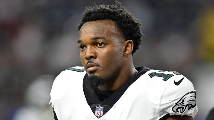 Nov 3, 2022; Houston, Texas, USA;  Philadelphia Eagles linebacker Nakobe Dean (17) looks on the field prior to the game against the Houston Texans at NRG Stadium. Mandatory Credit: Maria Lysaker-USA TODAY Sports