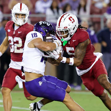 Aug 30, 2024; Stanford, California, USA; TCU Horned Frogs wide receiver Jack Bech (18) catches a pass against Stanford Cardinal safety Jay Green (5) during the second quarter at Stanford Stadium. Mandatory Credit: Sergio Estrada-USA TODAY Sports