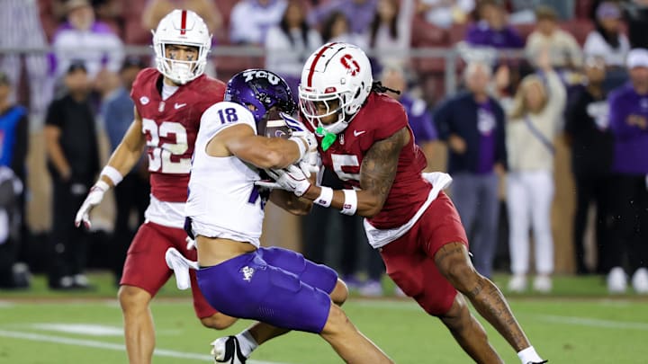 Aug 30, 2024; Stanford, California, USA; TCU Horned Frogs wide receiver Jack Bech (18) catches a pass against Stanford Cardinal safety Jay Green (5) during the second quarter at Stanford Stadium. Mandatory Credit: Sergio Estrada-USA TODAY Sports