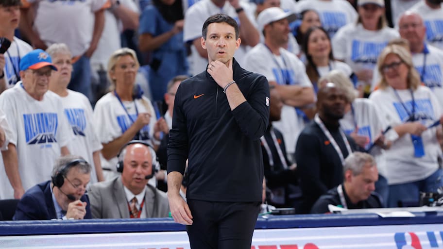 Oklahoma City Thunder head coach Mark Daigneault watches his team play against the Minnesota Timberwolves in the Western Conference finals. | Alonzo Adams-Imagn Images