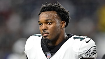 Nov 3, 2022; Houston, Texas, USA;  Philadelphia Eagles linebacker Nakobe Dean (17) looks on the field prior to the game against the Houston Texans at NRG Stadium. Mandatory Credit: Maria Lysaker-Imagn Images