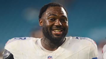Sep 30, 2024; Miami Gardens, Florida, USA; Tennessee Titans offensive tackle Nicholas Petit-Frere (78) looks on after the game against the Miami Dolphins at Hard Rock Stadium. Mandatory Credit: Sam Navarro-Imagn Images