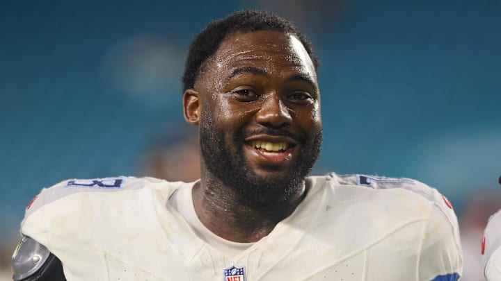 Sep 30, 2024; Miami Gardens, Florida, USA; Tennessee Titans offensive tackle Nicholas Petit-Frere (78) looks on after the game against the Miami Dolphins at Hard Rock Stadium. Mandatory Credit: Sam Navarro-Imagn Images