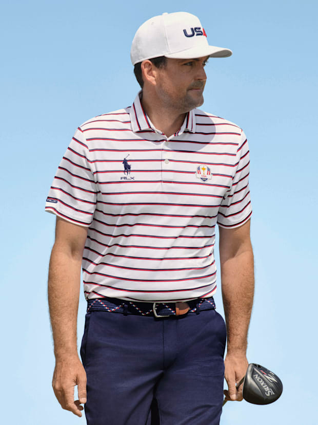 Keegan Bradley models a U.S. Ryder Cup team uniform by Ralph Lauren.