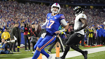Sep 7, 2025; Orchard Park, New York, USA;  Buffalo Bills quarterback Josh Allen (17) -rtb for a touchdown  during the fourth quarter against the Baltimore Ravens at Highmark Stadium. Mandatory Credit: Gregory Fisher-Imagn Images
