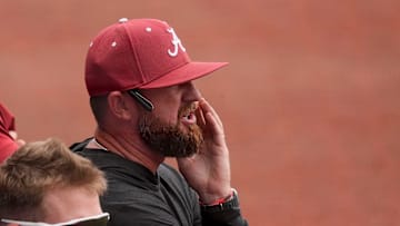 Mar 29, 2025; Tuscaloosa, AL, USA; Alabama head coach Rob Vaughn yells from the dugout during the game with Oklahoma at Sewell-Thomas Stadium. Oklahoma evened the series with a 6-5 win.