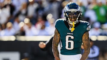 Oct 27, 2024; Cincinnati, Ohio, USA; Philadelphia Eagles wide receiver DeVonta Smith (6) reacts after scoring a touchdown against the Cincinnati Bengals in the second half at Paycor Stadium. Mandatory Credit: Katie Stratman-Imagn Images