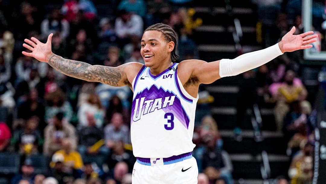 Dec 12, 2025; Memphis, Tennessee, USA; Utah Jazz guard Keyonte George (3) questions the foul call in the second quarter of the game against the Memphis Grizzlies at FedExForum. Mandatory Credit: Matthew Smith-Imagn Images
