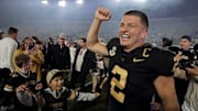 Vanderbilt quarterback Diego Pavia (2) celebrates after the team’s win against Kentucky at FirstBank Stadium in Nashville, Tenn., Saturday, Nov. 22, 2025.