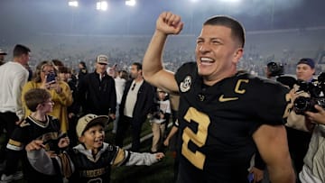 Vanderbilt quarterback Diego Pavia (2) celebrates after the team’s win against Kentucky at FirstBank Stadium in Nashville, Tenn., Saturday, Nov. 22, 2025.
