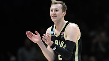 Purdue guard Fletcher Loyer reacts during the first half against Houston in the Midwest Regional semifinals Friday night in Indianapolis. 