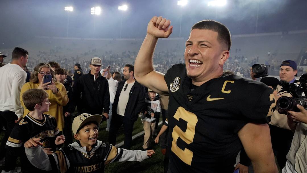 Vanderbilt quarterback Diego Pavia (2) celebrates after the team’s win against Kentucky at FirstBank Stadium in Nashville, Tenn., Saturday, Nov. 22, 2025.
