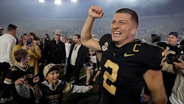 Vanderbilt quarterback Diego Pavia (2) celebrates after the team’s win against Kentucky at FirstBank Stadium in Nashville, Tenn., Saturday, Nov. 22, 2025.