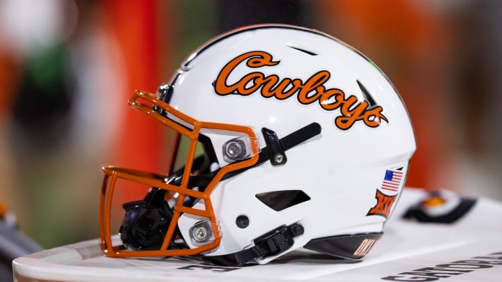 Sep 9, 2023; Tempe, Arizona, USA; Detailed view of an Oklahoma State Cowboys helmet at Mountain America Stadium. Mandatory Credit: Mark J. Rebilas-USA TODAY Sports