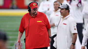 Feb 9, 2025; New Orleans, LA, USA; Kansas City Chiefs head coach Andy Reid and defensive line coach Joe Cullen looks on from the sideline of Super Bowl LIX at Caesars Superdome. Mandatory Credit: Bill Streicher-Imagn Images