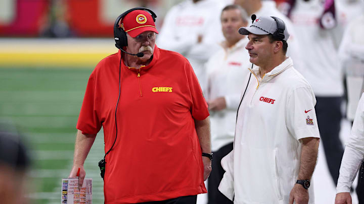 Feb 9, 2025; New Orleans, LA, USA; Kansas City Chiefs head coach Andy Reid and defensive line coach Joe Cullen looks on from the sideline of Super Bowl LIX at Caesars Superdome. Mandatory Credit: Bill Streicher-Imagn Images