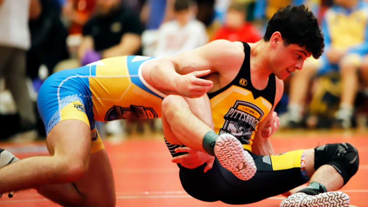 Latrobe's Leo Joseph, right, won his 121-pound match to help the WPIAL all-star team beat the New Jersey team at the Pittsburgh Wrestling Classic