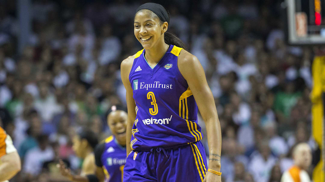 Sep 24, 2017; Minneapolis, MN, USA; Los Angeles Sparks forward Candace Parker (3) smiles during the first quarter after taking a double digit lead against the Minnesota Lynx in Game 1 of the WNBA Finals at Williams Arena. Mandatory Credit: Jesse Johnson-Imagn Images