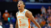 Mar 22, 2025; Lexington, KY, USA; Tennessee Volunteers guard Zakai Zeigler (5) reacts during the first half against the UCLA Bruins in the second round of the NCAA Tournament at Rupp Arena. Mandatory Credit: Aaron Doster-Imagn Images