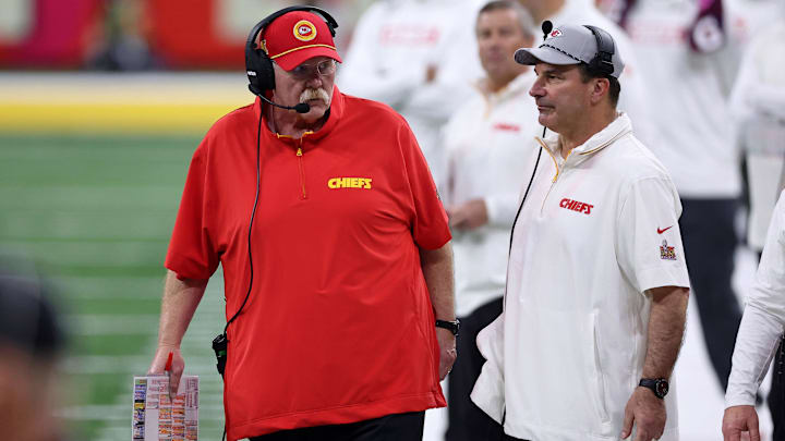 Feb 9, 2025; New Orleans, LA, USA; Kansas City Chiefs head coach Andy Reid and defensive line coach Joe Cullen looks on from the sideline of Super Bowl LIX at Caesars Superdome. Mandatory Credit: Bill Streicher-Imagn Images