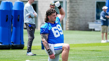 Detroit Lions guard Tate Ratledge (69) practices during OTA at Meijer Performance Center in Allen Park on Friday, May 30, 2025.