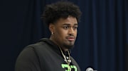 Mar 1, 2025; Indianapolis, IN, USA; Ohio State University offensive lineman Josh Simmons (OL37) answers questions at a press conference during the 2025 NFL Combine at Indiana Convention Center. Mandatory Credit: Jacob Musselman-Imagn Images