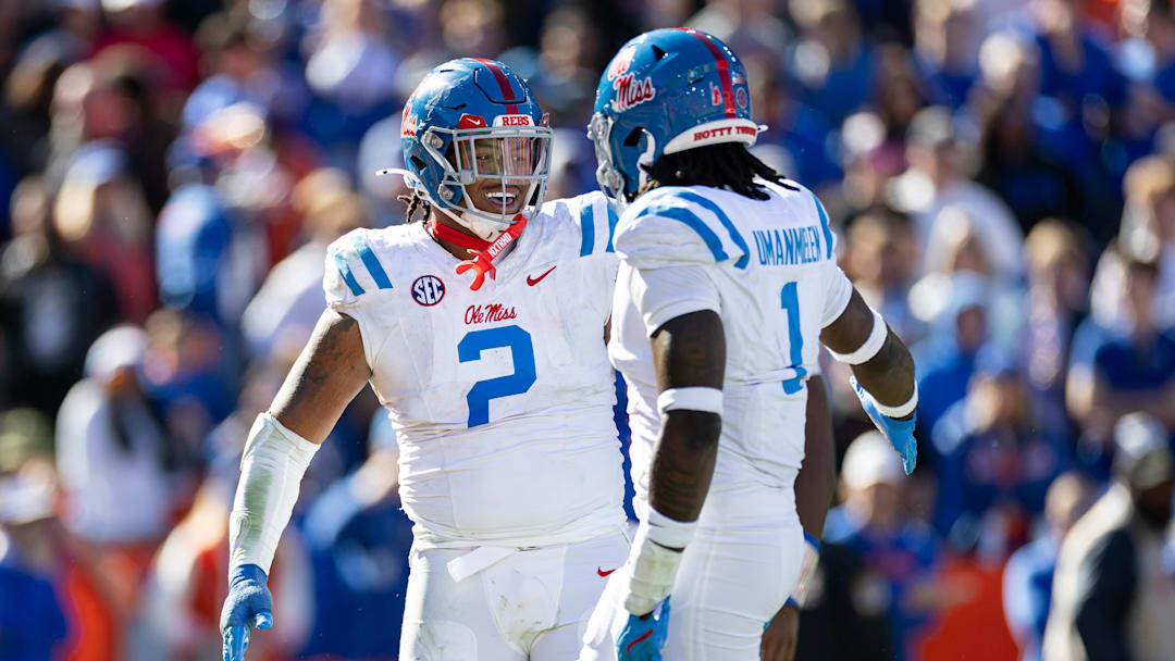 Nov 23, 2024; Gainesville, Florida, USA; Mississippi Rebels defensive tackle Walter Nolen (2) and defensive end Princely Umanmielen (1) celebrate a sack against the Florida Gators during the second half at Ben Hill Griffin Stadium. Mandatory Credit: Matt Pendleton-Imagn Images Nov 23, 2024; Gainesville, Florida, USA; Mississippi Rebels defensive tackle Walter Nolen (2) and defensive end Princely Umanmielen (1) celebrate a sack against the Florida Gators during the second half at Ben Hill Griffin Stadium. Mandatory Credit: Matt Pendleton-Imagn Images