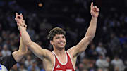 Mar 22, 2025; Philadelphia, PA, USA; Ridge Lovett of the Nebraska Cornhuskers reacts after defeating Caleb Henson of the Virginia Tech Hokies (not pictured) during the Division I Men's Wrestling Championship held at Wells Fargo Center. Mandatory Credit: Eric Hartline-Imagn Images